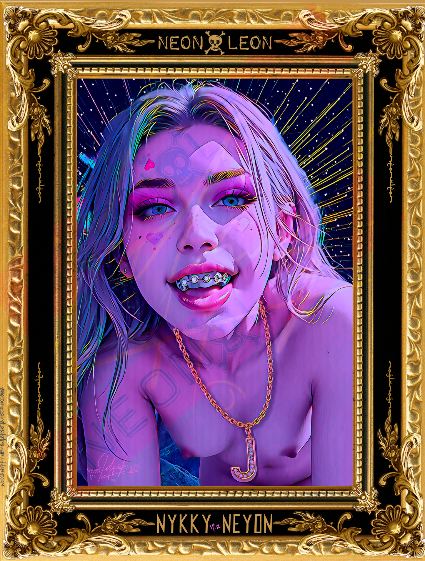 Artistic portrait with a gold frame featuring the artist's name 'Neon Leon'.