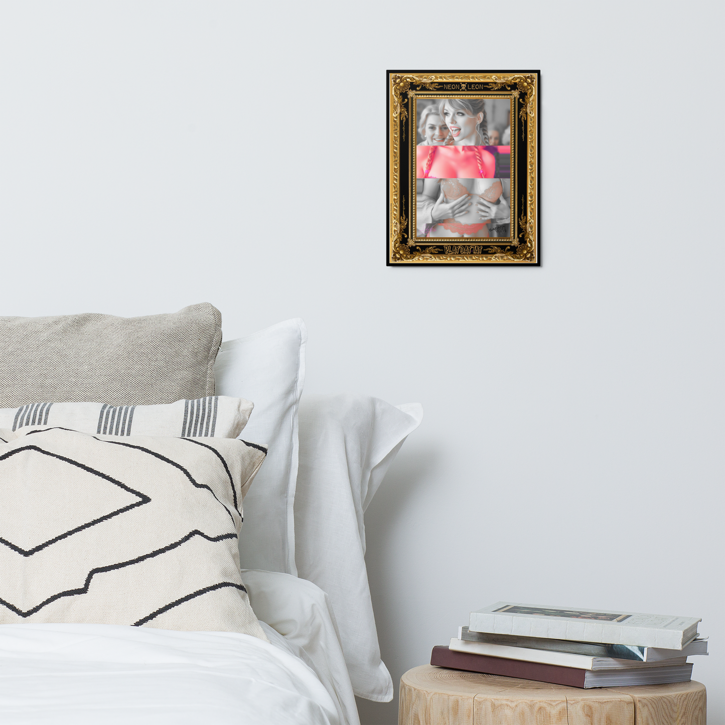 Collage of a woman, PlayDayTay, with a gold and black ornate frame, featuring the AiRt artist 'Neon Leon' on a wall above a bed with pillows and books.