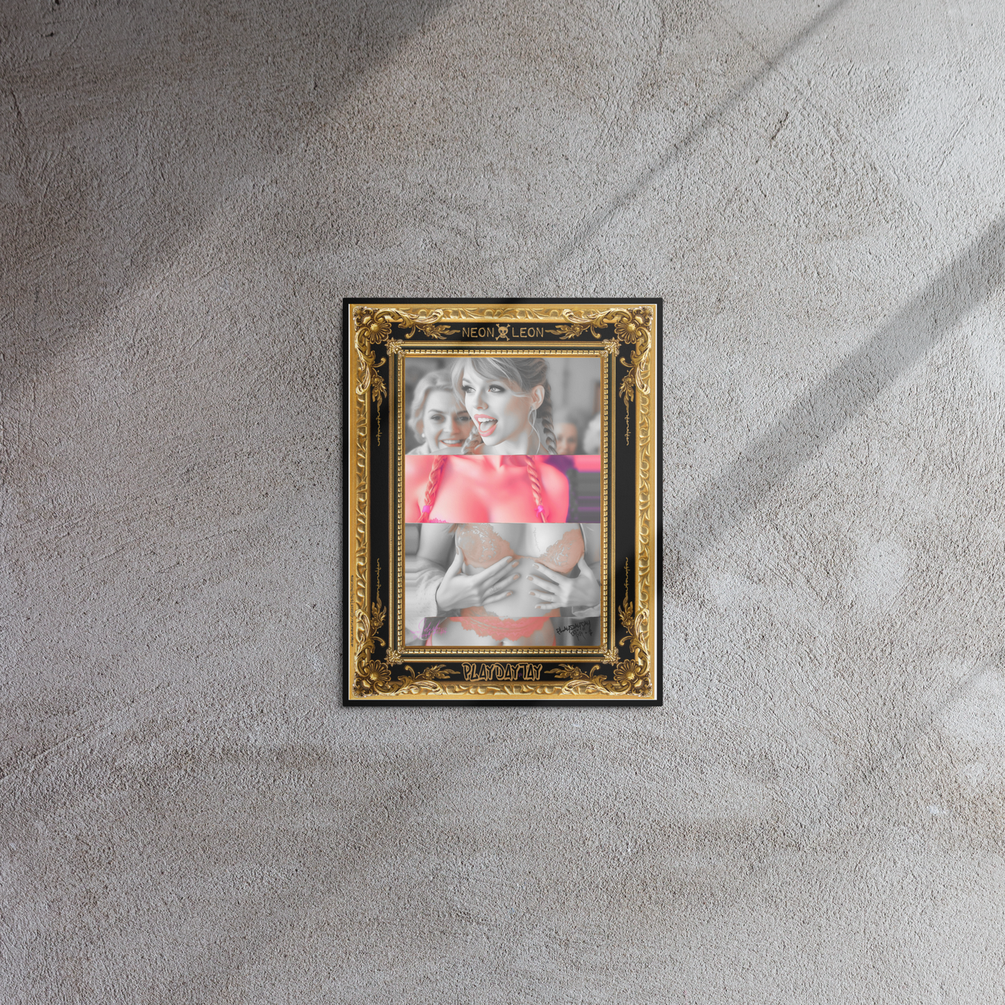 Collage of a woman, PlayDayTay, with a gold and black ornate frame, featuring the AiRt artist 'Neon Leon' on a textured gray wall