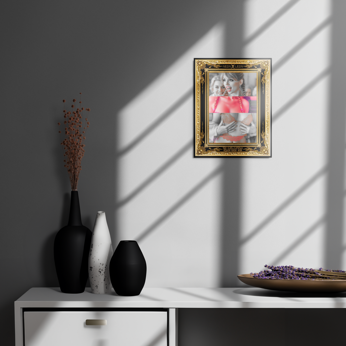Collage of a woman, PlayDayTay, with a gold and black ornate frame, featuring the AiRt artist 'Neon Leon' on a wall with vases and a bowl on a table below.