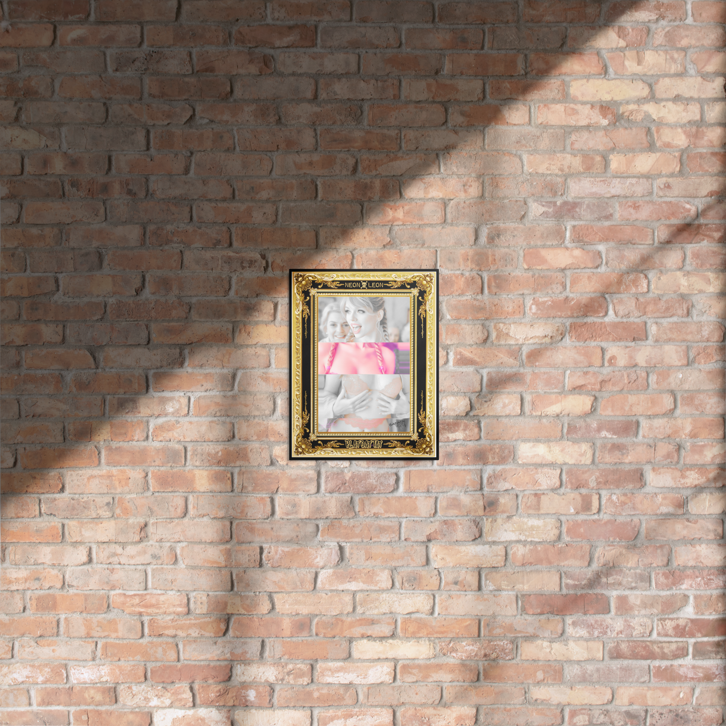 Collage of a woman, PlayDayTay, with a gold and black ornate frame, featuring the AiRt artist 'Neon Leon' on a brick wall