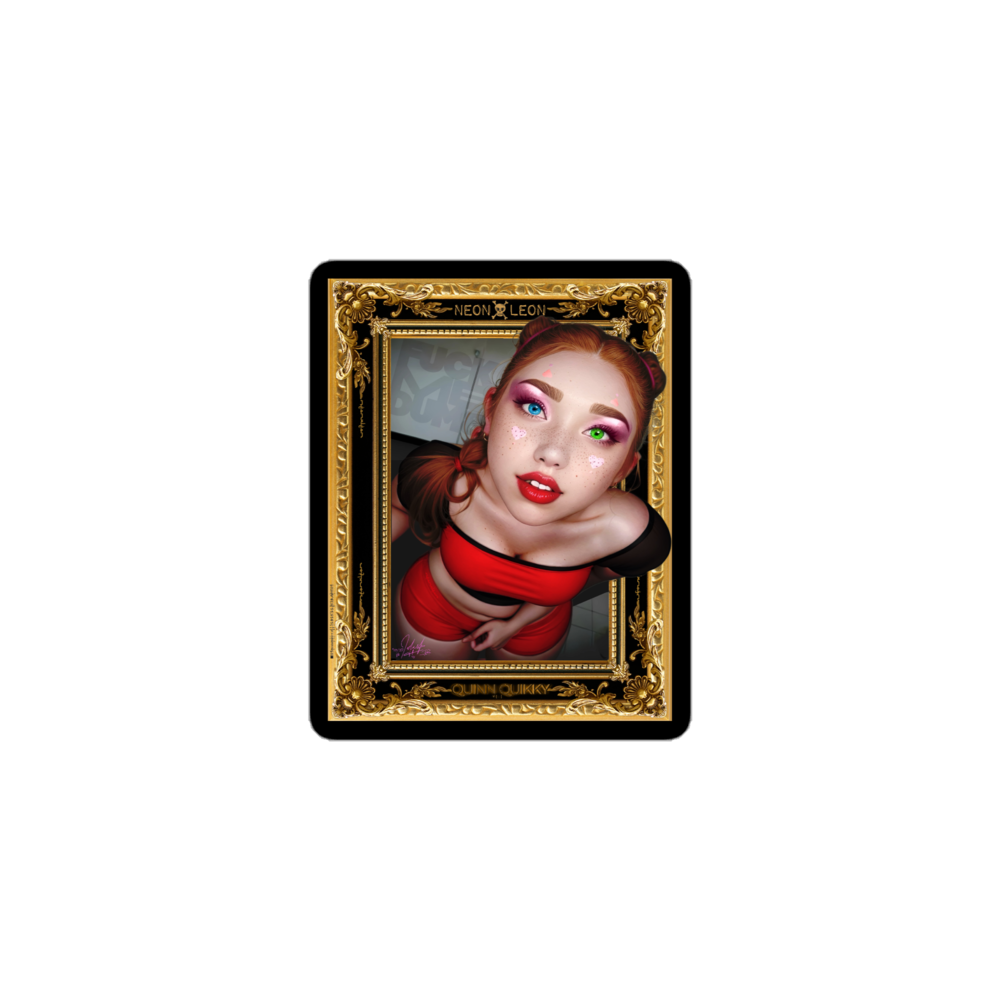 Artistic portrait of a woman with vibrant makeup in a decorative gold frame on a white background
