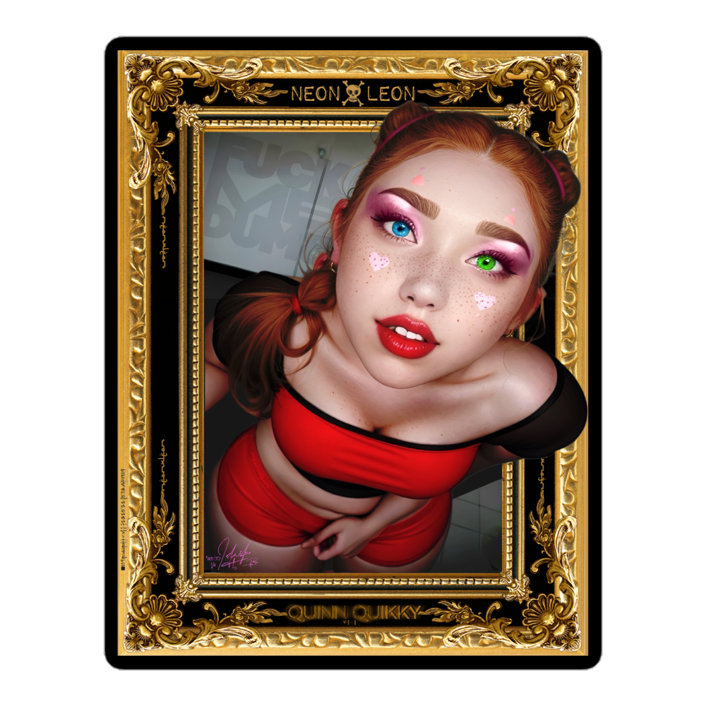 Decorative portrait of a person with vibrant makeup and red hair in an ornate gold frame.
