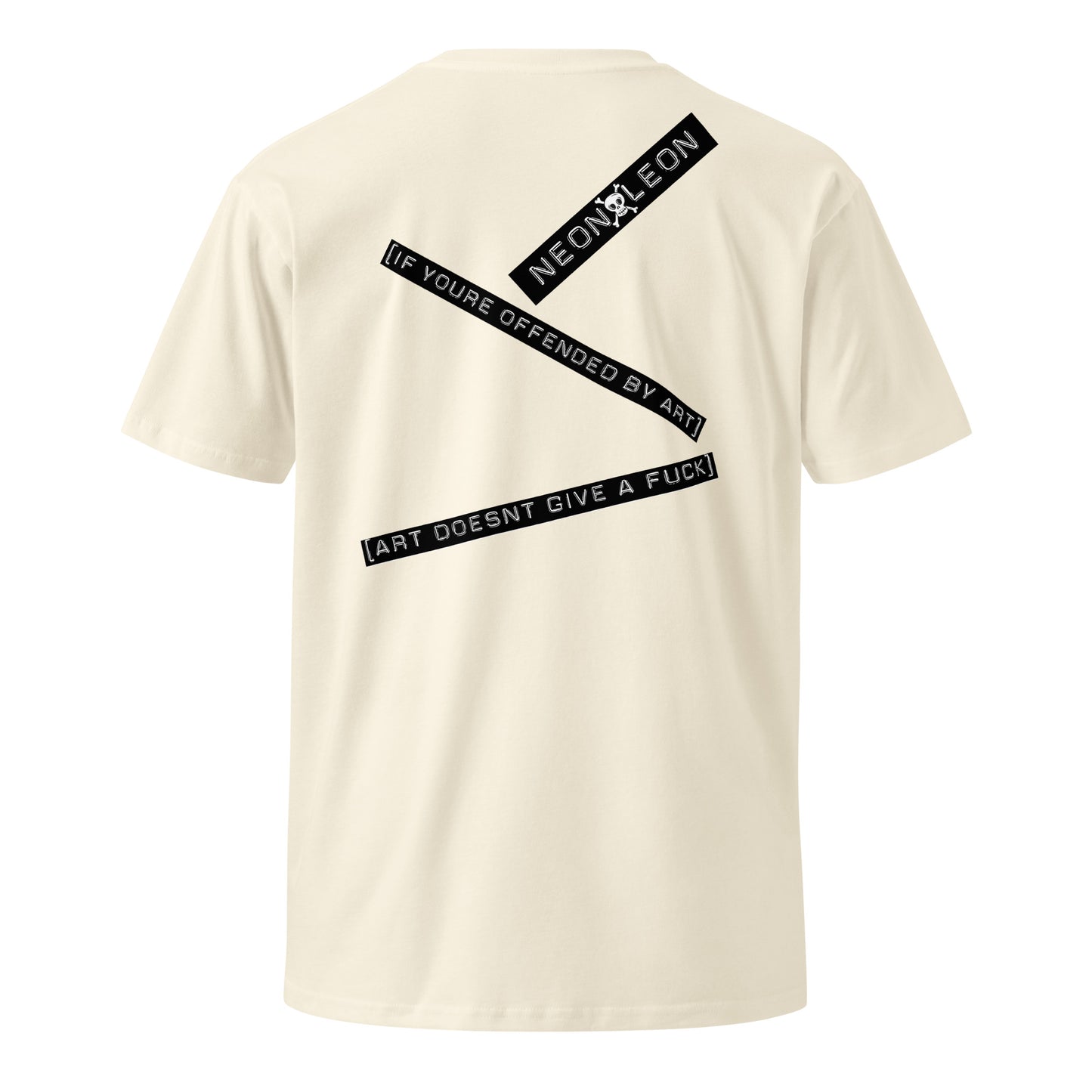 Beige t-shirt with black text design on a white background