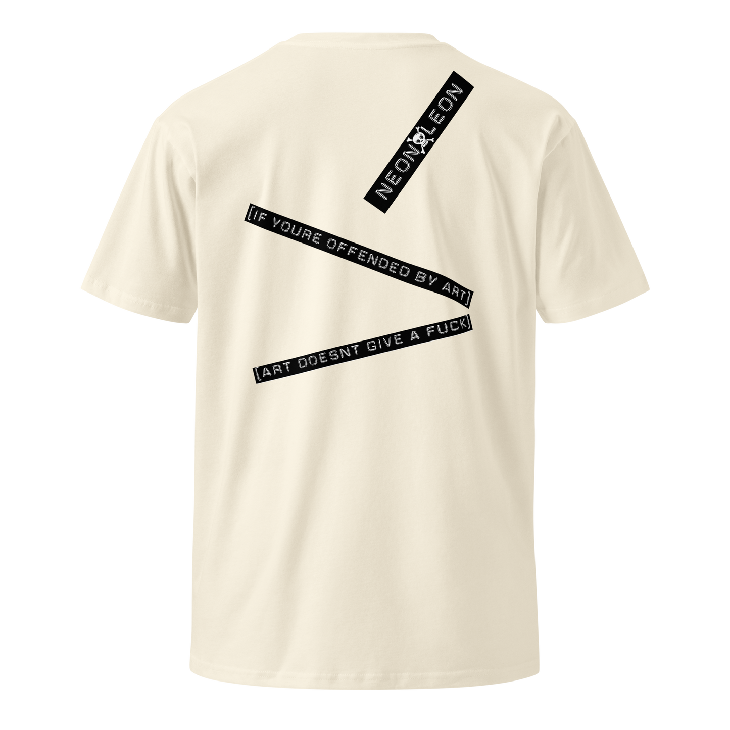 Beige t-shirt with black text on the back on a white background