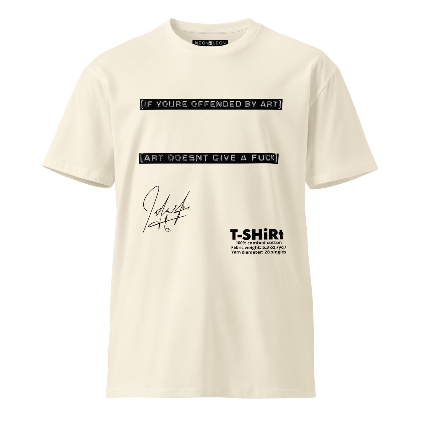 Beige t-shirt with black text and branding on a white background