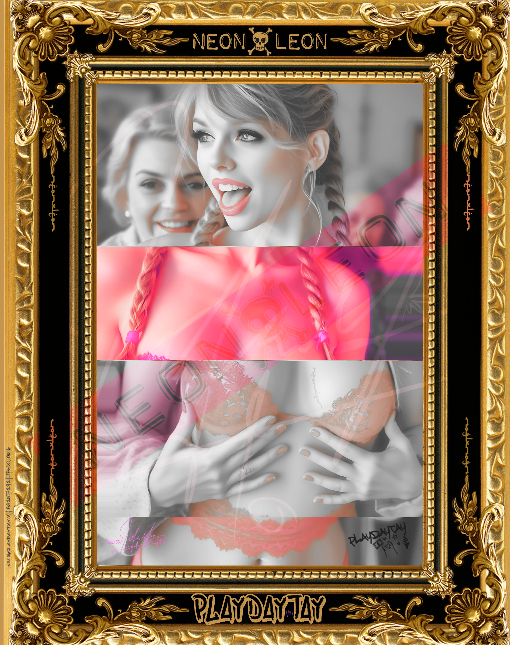 Collage of a woman, PlayDayTay, with a gold and black ornate frame, featuring the AiRt artist 'Neon Leon' 