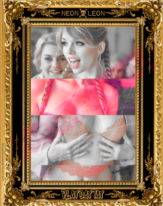 Collage of a woman, PlayDayTay, with a gold and black ornate frame, featuring the AiRt artist 'Neon Leon' 