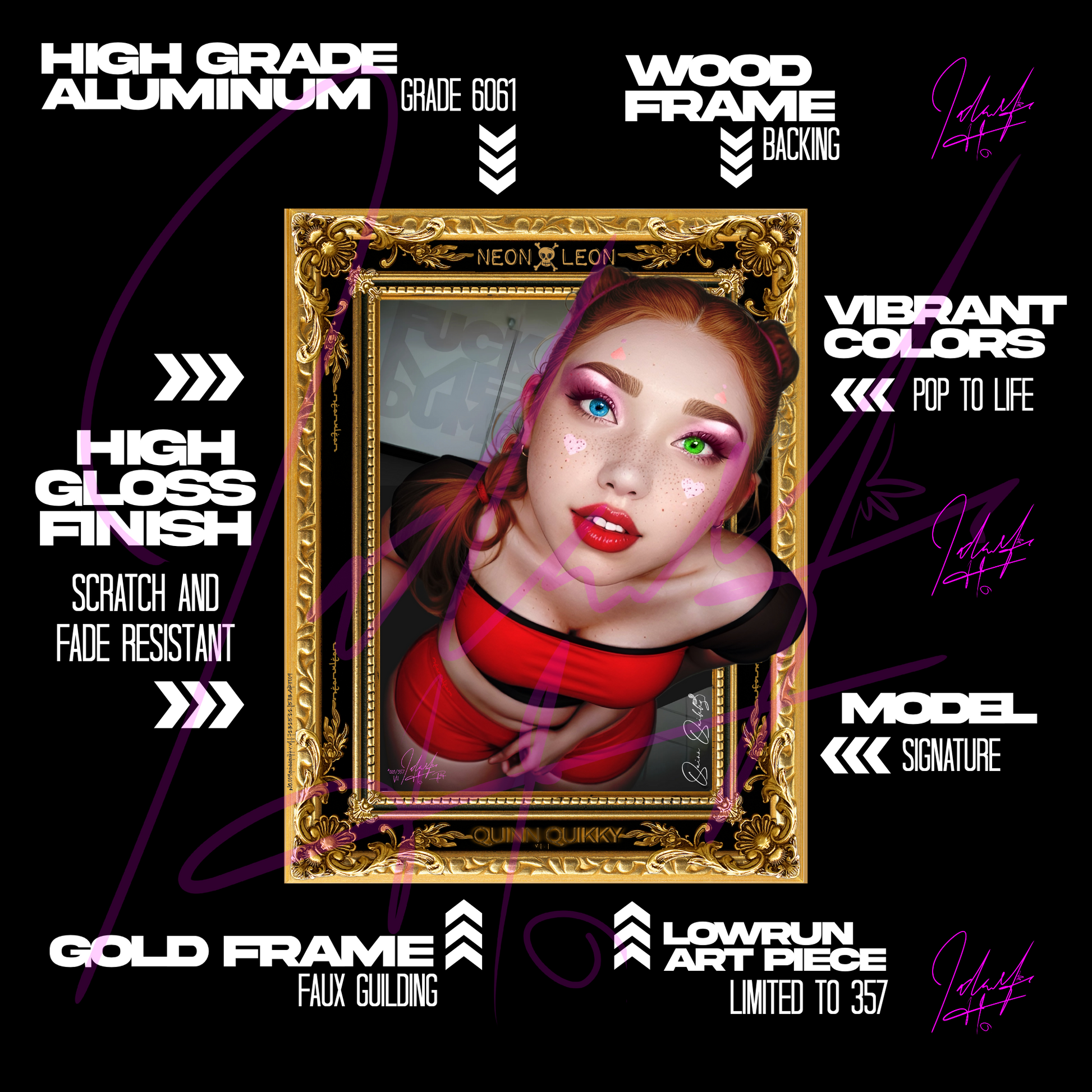 Gold-framed artwork with ai model Quinn Quikky's portrait on a black background with text about the features of the Mwtal Print.