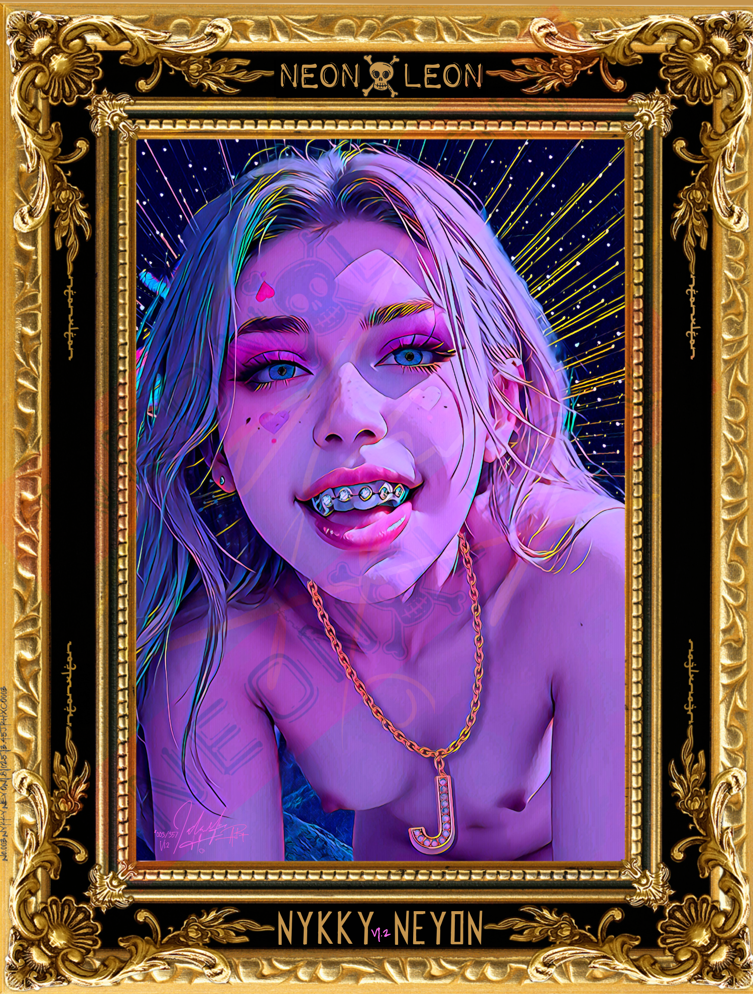 Artistic portrait with a gold frame featuring the artist's name 'Neon Leon'.