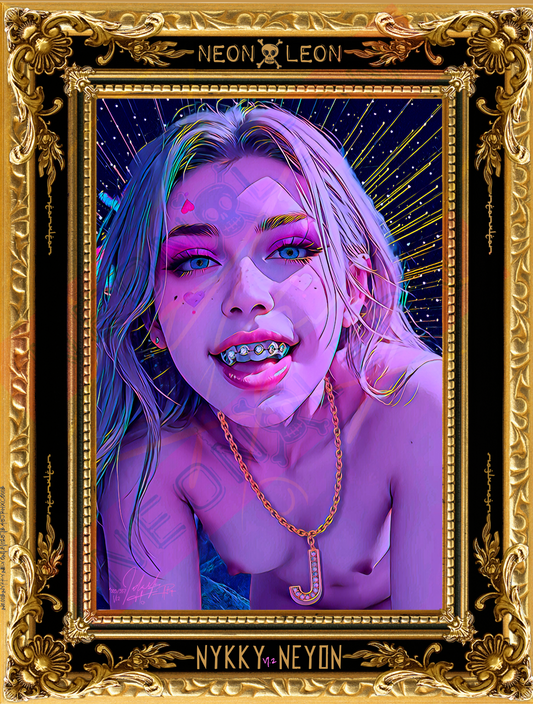 Artistic portrait with a gold frame featuring the artist's name 'Neon Leon'.