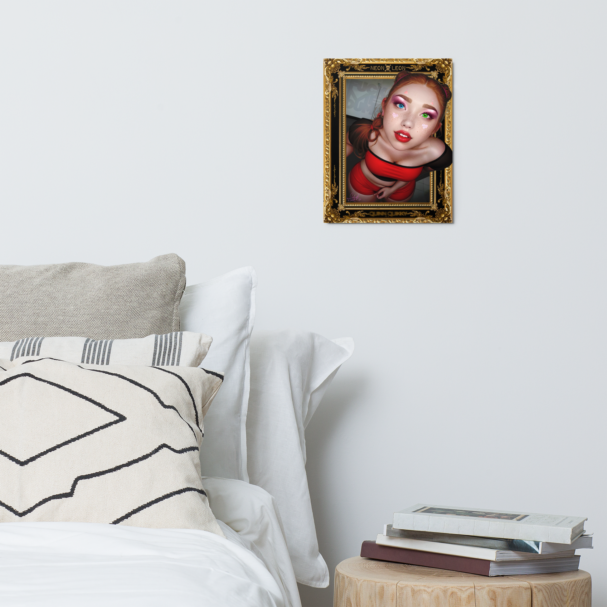 Framed portrait above a bed with books on a nightstand