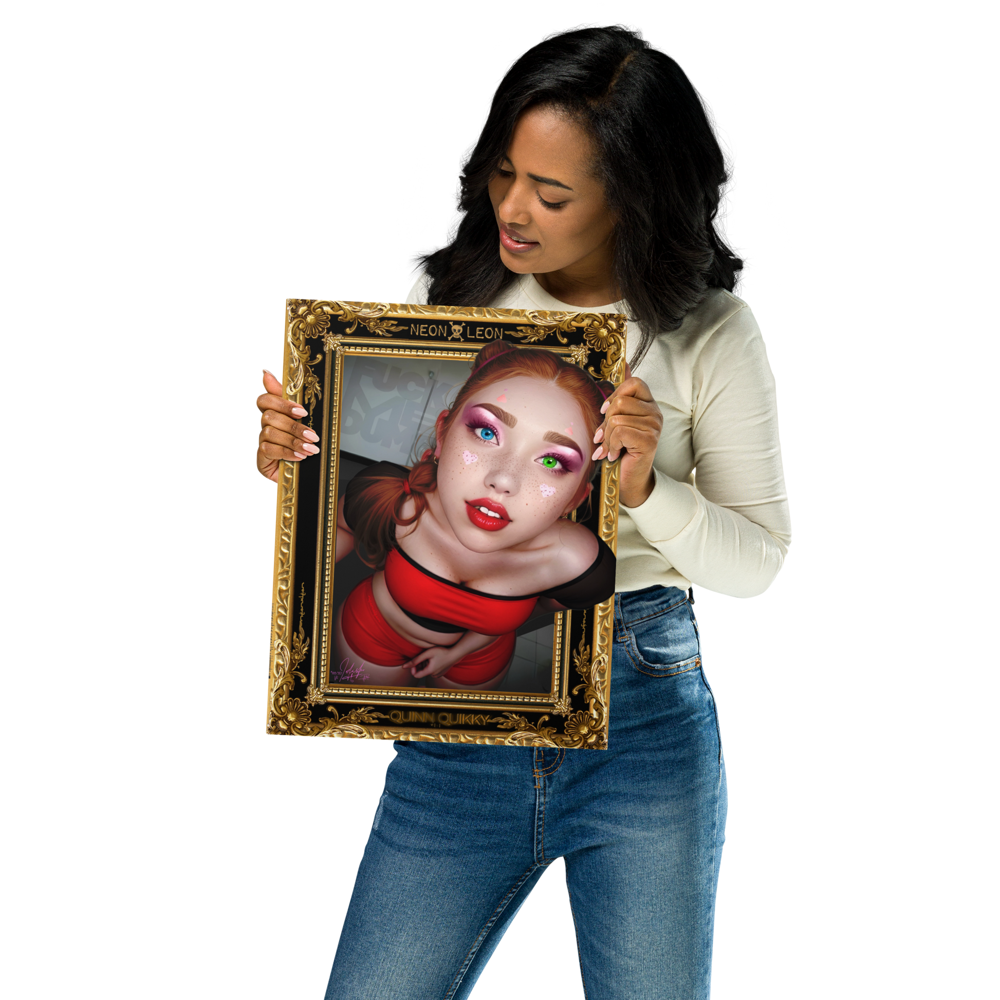 Woman holding a framed artwork of a stylized face with vibrant colors on a white background