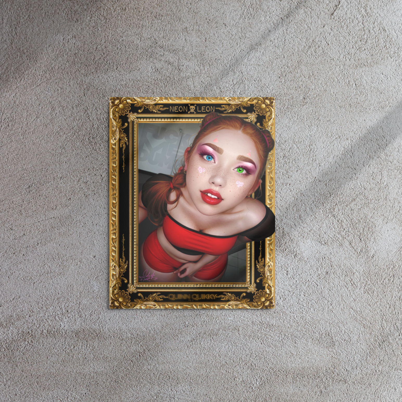Framed artwork of a stylized portrait on a textured wall