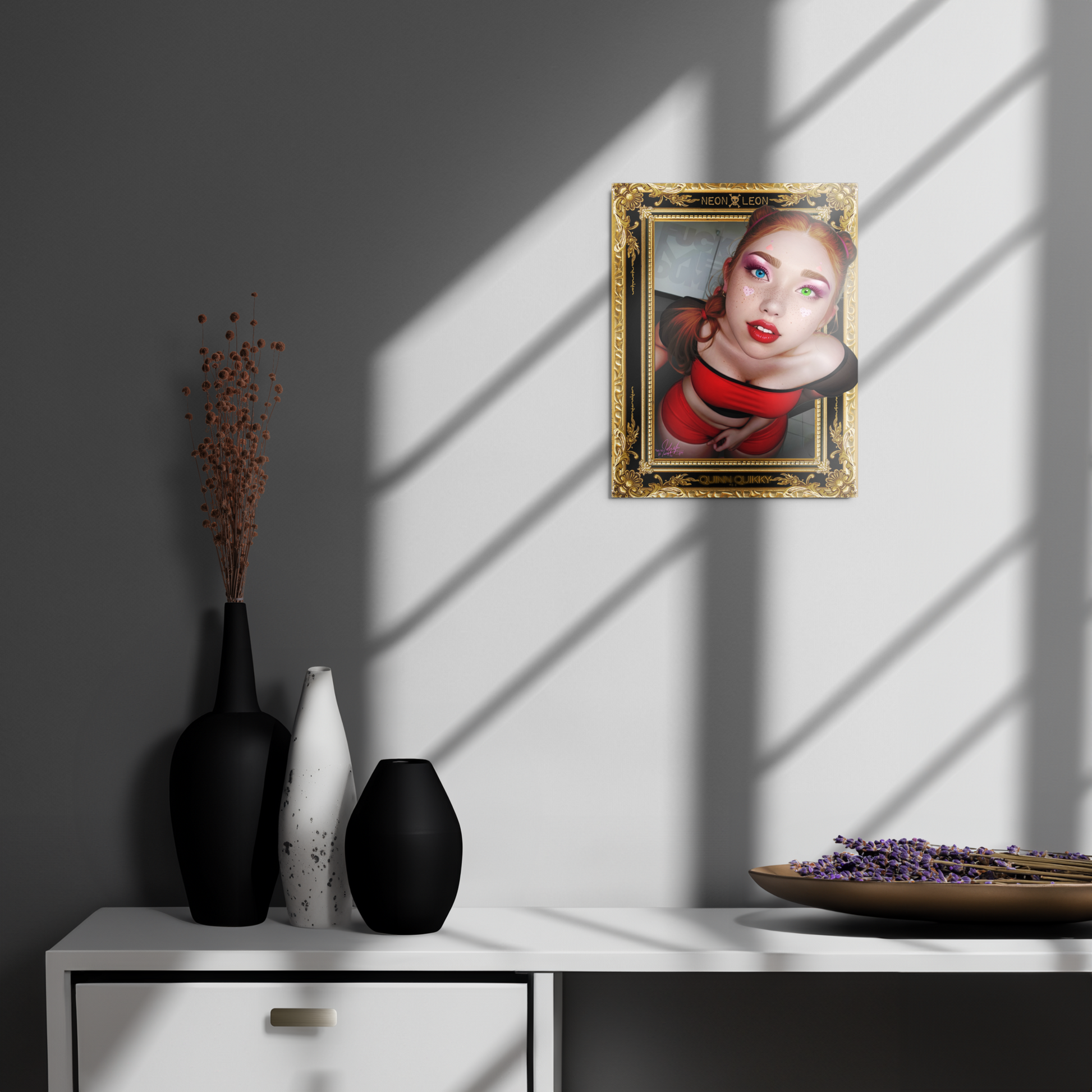 Decorative setup with vases and a framed portrait on a wall.