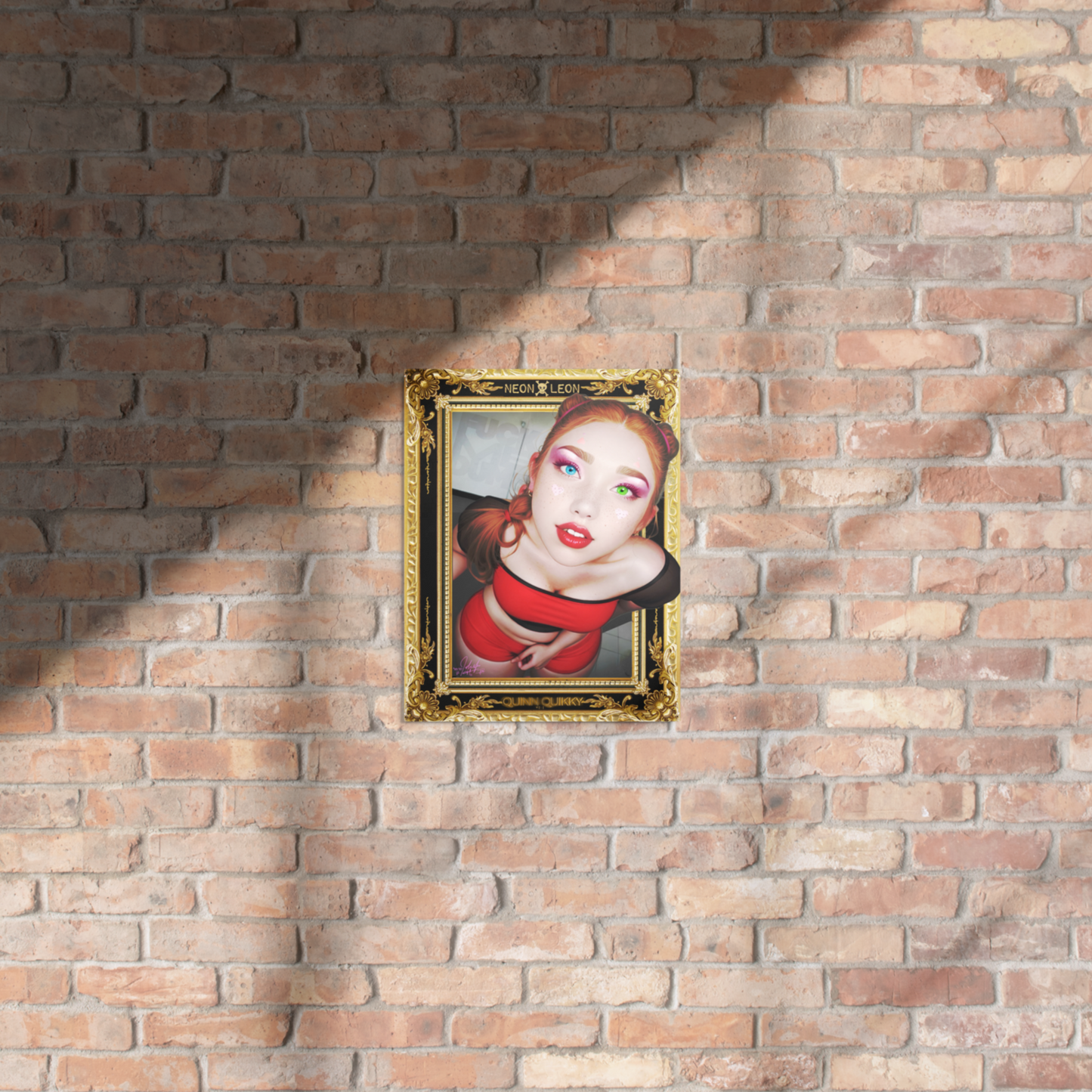 Framed artwork of a woman's face on a brick wall