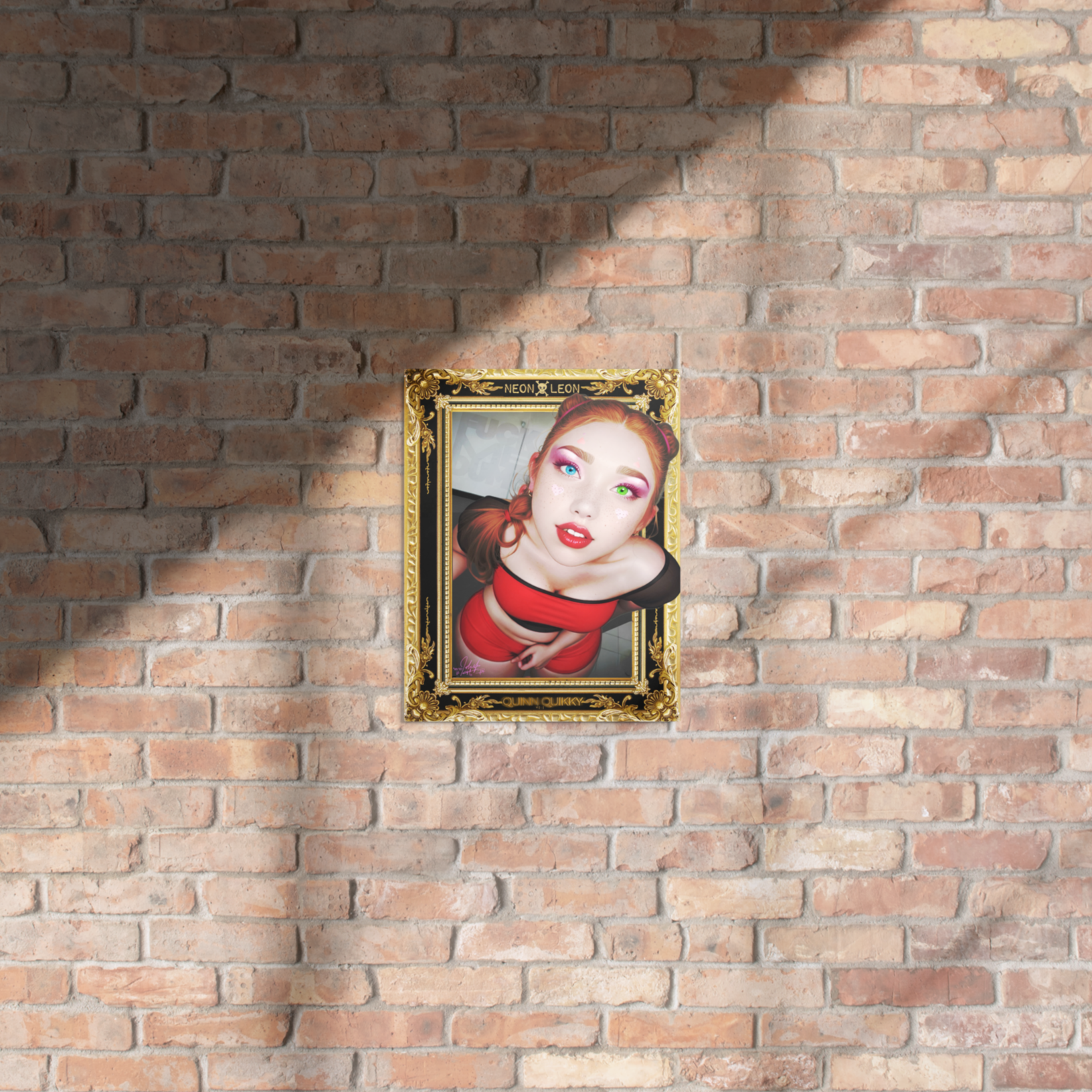 Framed artwork of a woman's face on a brick wall