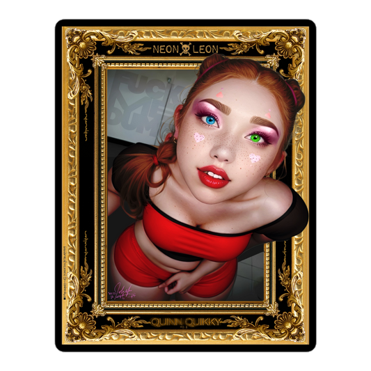 Decorative portrait of a person with vibrant makeup and red hair in an ornate gold frame.