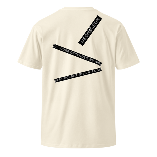 Beige t-shirt with black text on the back on a white background
